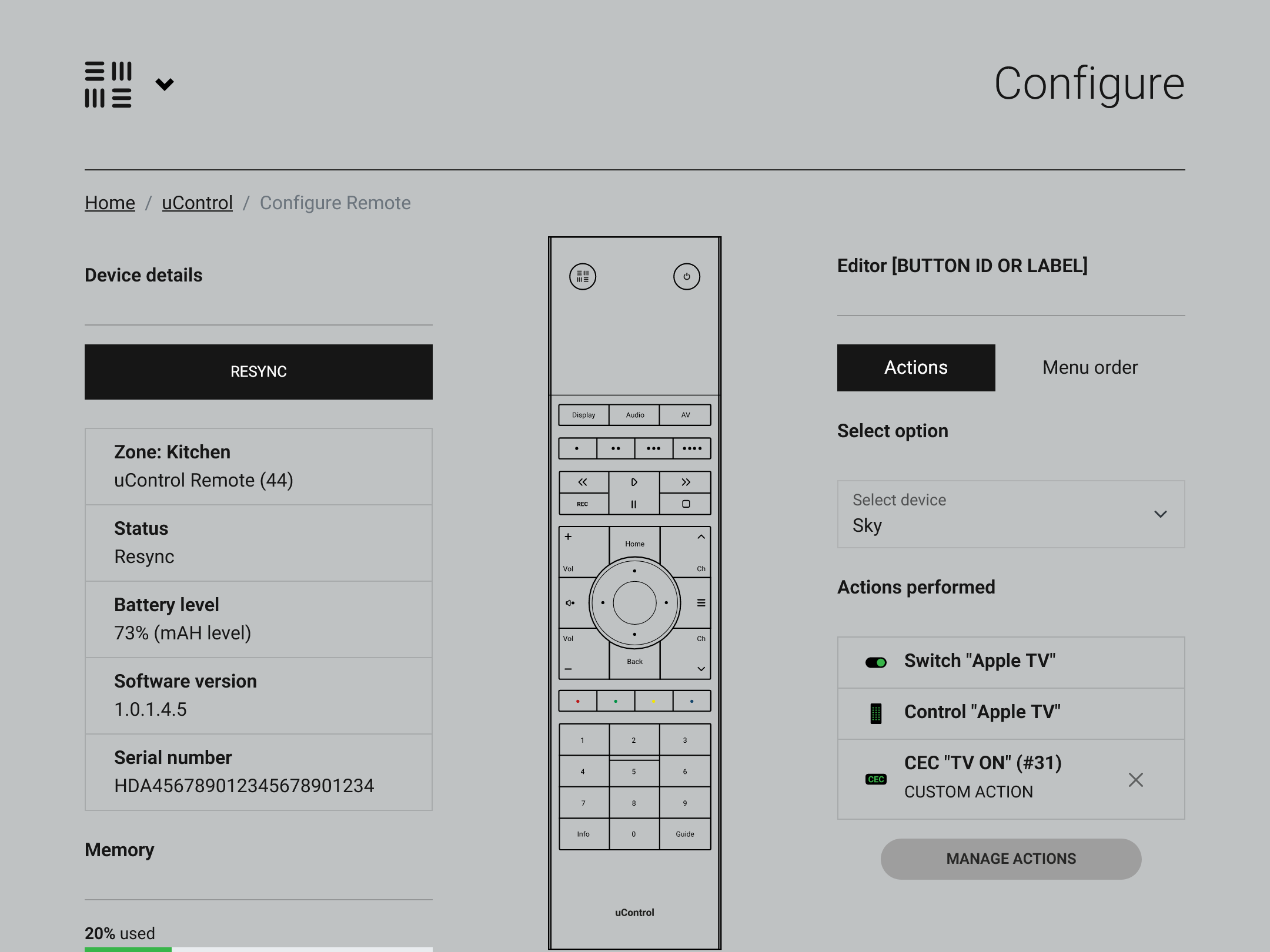 uControl Remote configuration screen